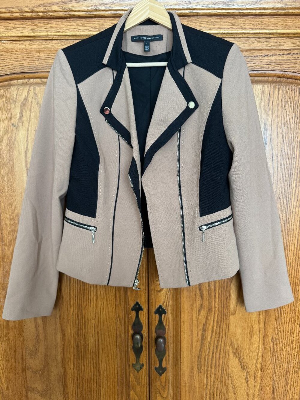 White House Black Market Taupe and Black Colorblock Moto Blazer